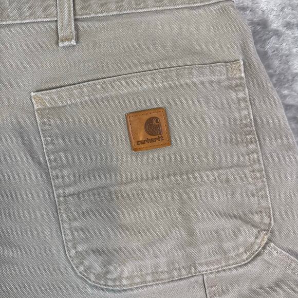 VTG Carhartt B25 DES tan duck canvas carpenter shorts leather patch mens 42 - Picture 4 of 6